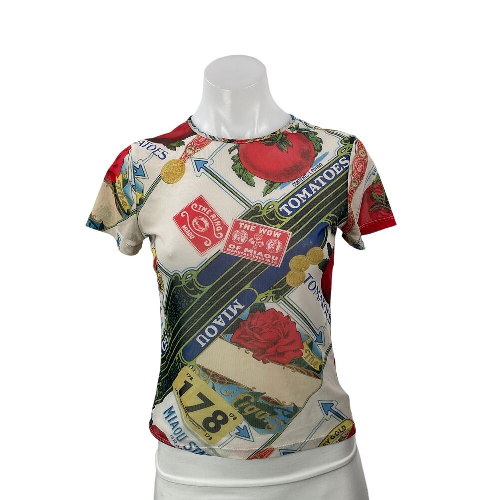 Miaou Mesh Mini Women's Multicolor Short Sleeves Graphic Sheer Tee T-shirt Top M